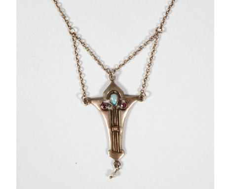 COLLIER, Manuf H.J. Müller, in der Art desJugendstils, vergodlet, kreuzförmiger Aufbau, durchbrochen gearbeitet, zentral Opal