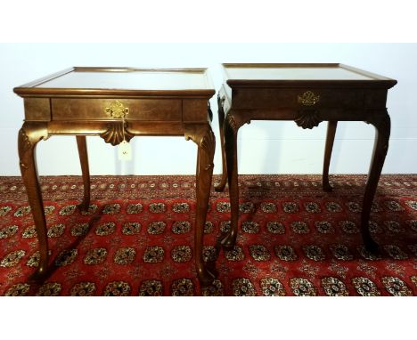 A FINE PAIR OF WALNUT VENEER RECTANGULAR OCCASIONAL OR SOFA TABLES ON QUEEN ANNE LEG, WITH CARVED KNEE AND SHELL PATTERN TO R