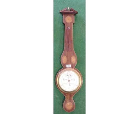 SHORTT & MASON, LONDON, INLAID MAHOGANY BANJO BAROMETER/THERMOMETER (a/f).