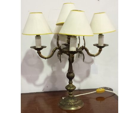 FIVE SCONCE BRASS ELECTRIFIED TABLE LAMP.