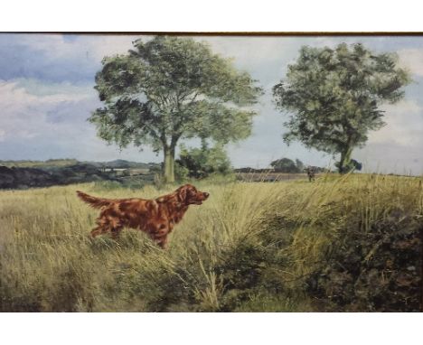 AN OIL ON CANVAS BY HENRY WILKINSON - IRISH RED SETTER WITH HIS MASTER.