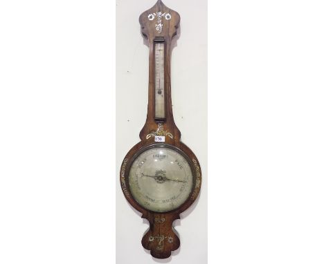 A VICTORIAN ROSEWOOD BANJO BAROMETER/THERMOMETER WITH MOTHER OF PEARL INLAY.