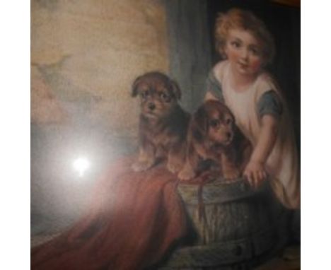 A VICTORIAN COLOURED PRINT OF A YOUNG GIRL WITH PUPPIES.