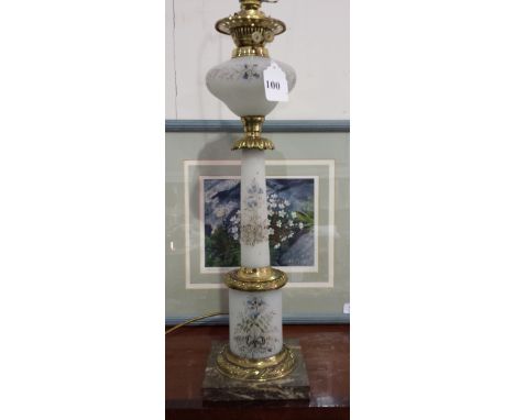 AMENDMENT: AN ELECTRIFIED OIL LAMP WITH PAINTED OPAQUE GLASS COLUMN & RESERVOIR, ON A MARBLE BASE.