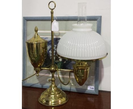 AN ANTIQUE OIL LAMP IN BRASS WITH AN OPAQUE WHITE GADROONED SHADE AND CHIMNEY, NOW CONVERTED FOR ELECTRICITY.