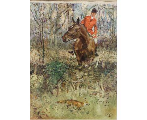 AFTER MICHAEL LYNN, "FOX BREAKING COVERT", PRINT, SIGNED LOWER RIGHT IN PENCIL TO MOUNT, ORIGINAL LINE AND WASH MOUNT AND FRA