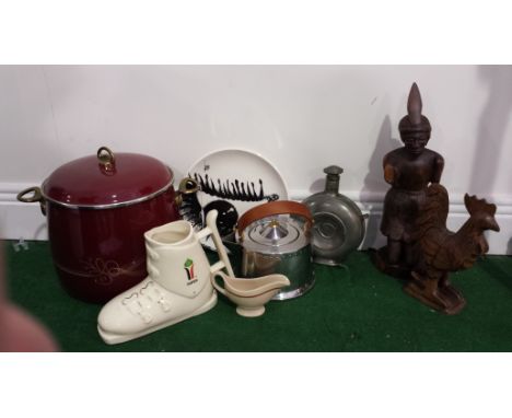 A BODUM MODERN TEA KETTLE DESIGNED BY C. JORGENSEN, ITALY; WITH A LAMINATED BENTWOOD HANDLE & GLASS BALL FINIAL; 6 INS HIGH, 