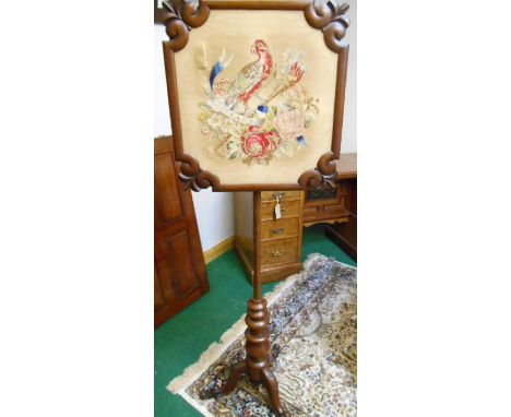 A 19TH CENTURY MAHOGANY POLE FIRE SCREEN WITH TAPESTRY PANEL