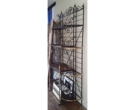 A FINE FIVE TIER FRENCH BRASS AND WROUGHT IRON DISPLAY BAKER'S RACK SHELF UNIT. HEIGHT 7'. WIDTH 3' APPROXIMATELY.