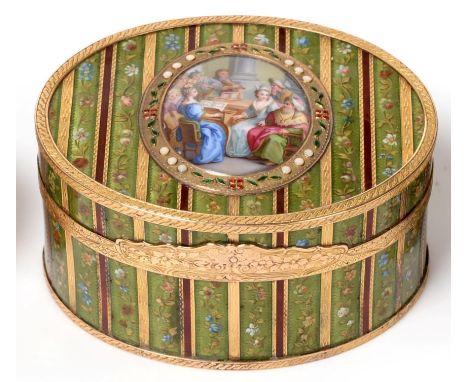 A French Enamelled Gold-Mounted and Tortoiseshell Snuff Box, maker's mark indistinct, discharge marks for Eloi Brichard (1756