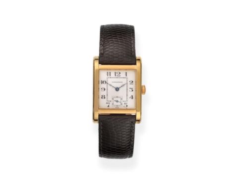 An 18ct Gold Limited Edition Rectangular Wristwatch, signed Longines, Limited series 139 of 400, model: Dolce Vita Heritage, 