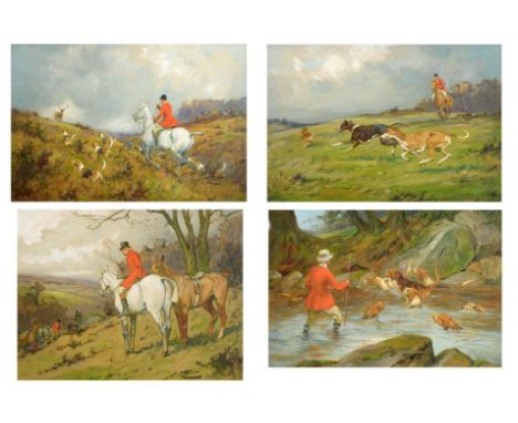George Wright (1860-1942)  Hare Coursing  Fox Hunting  Stag Hunting  Otter Hunting  Signed, oil on canvas, 20.5cm 30.5cm   Pr