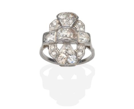 An Art Deco Diamond Plaque Ring, a pierced octagonal shaped plaque set throughout with old cut diamonds in white settings, to