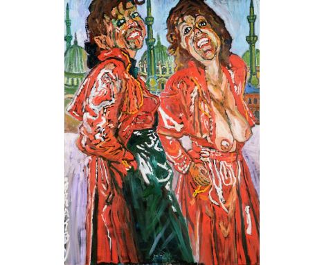 John Bratby (1928-1992) ''Two figures of Patti in red raincoat with three Istanbul (1990) mosques''  Signed, oil on canvas, 1