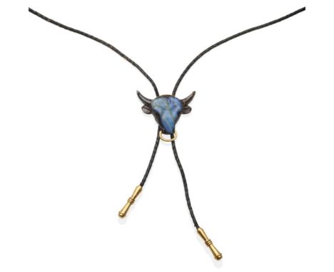 A Carved Bolder Opal Bull's Head Bolo Tie, by Gübelin, the slide realistically carved with a yellow nose ring, to a braided l