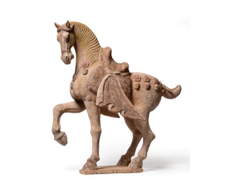 A Chinese Painted Pottery Model of a Horse, Tang Dynasty (618-906AD), the standing beast with one foreleg raised, fitted with