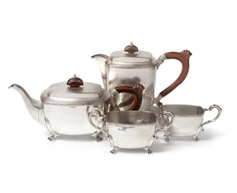 A George VI Silver Four Piece Tea Service, William Suckling Ltd, Sheffield 1942, of rounded rectangular form with reed, ribbo