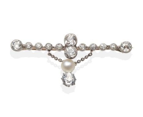 A Diamond and Pearl Bar Brooch, a knife edge bar set with old cut diamonds in white milgrain settings with a button pearl and