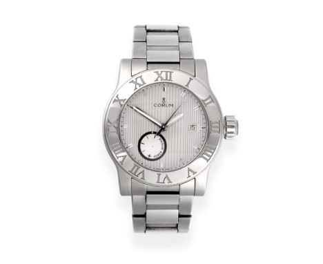A Stainless Steel Automatic Calendar Centre Seconds Wristwatch with Power Reserve Indication, signed Corum, model: Corum Romu
