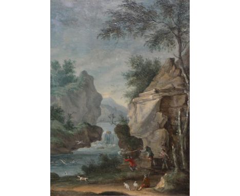 Follower of Louis Gabriel Moreau (1740-1806) French  Hunting party at the riverside  Oil on panel, 32.5cm by 23cm 