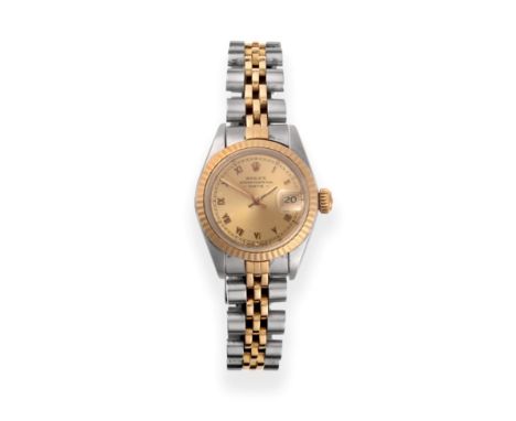 A Steel and Gold Automatic Calendar Centre Seconds Wristwatch, signed Rolex, Oyster Perpetual, model: Date, ref: 69173/69000A
