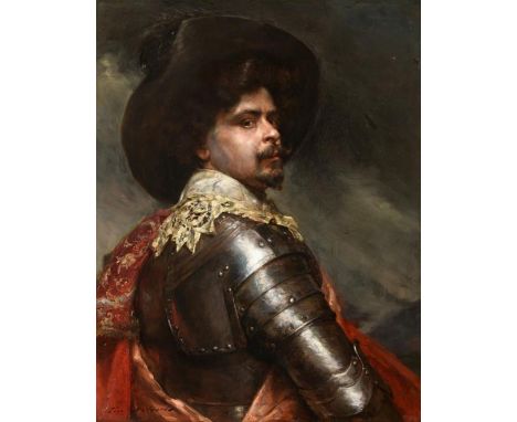 Hippolyte Francois Léon Duluard (1871-1953) French Portrait of a musketeer, half-length, wearing a feathered wide brimmed hat