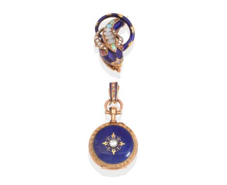 A Victorian Lady's Diamond, Opal, Ruby and Blue Guilloche Enamel Serpent Brooch Fob Watch, signed S. Smith & Sons, cylinder m