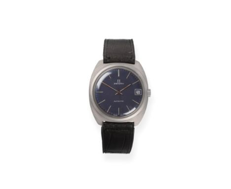 A Stainless Steel Automatic Calendar Centre Seconds Wristwatch, signed Zenith, circa 1975, lever movement, blue dial with bat