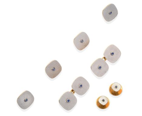 A Sapphire Dress Stud Set, comprising a pair of chain linked cufflinks, four buttons and two studs, each set with a round cut