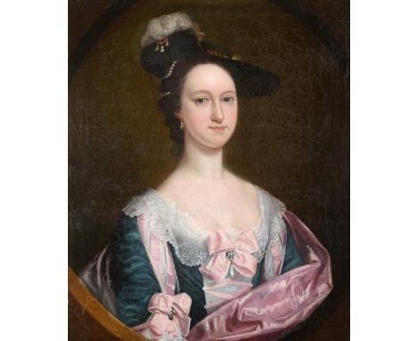 Circle of Thomas Hudson (1701-1779) Portrait of a young fashionable lady, half-length, wearing a black hat decorated with whi