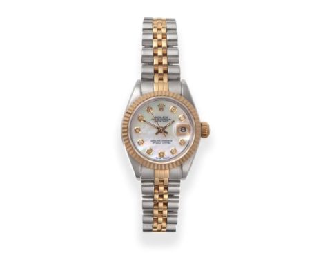 A Lady's Steel and Gold Automatic Calendar Centre Seconds Wristwatch with Diamond Set Dial, signed Rolex, Oyster Perpetual, S