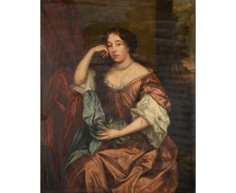 Circle of Sir Peter Lely (1618-1680)  Portrait of a lady, three-quarter length seated, wearing a burnt orange satin dress and