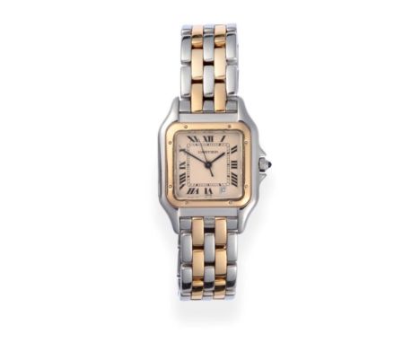A Steel and Gold Calendar Centre Seconds Wristwatch, signed Cartier, model: Panthere, ref: 187949C, circa 1990, quartz moveme