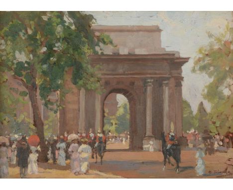 Algernon Talmage RA (1871-1939)  Figures and horse mounted guardsmen before Marble Arch     Signed, oil on board, 24cm by 34c