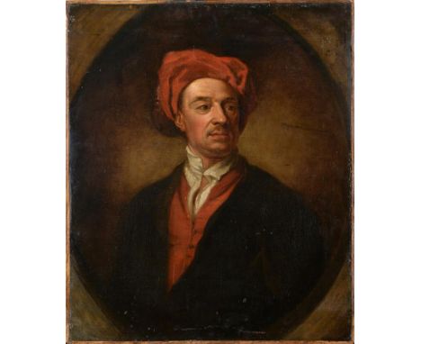 Follower of William Hogarth (1697-1764) Portrait of a gentleman, half-length, wearing a red turban and waistcoat, in a feigne