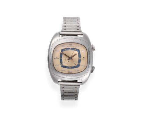 A Stainless Steel Automatic Calendar Centre Seconds Alarm Wristwatch, signed Jaeger LeCoultre, model: Memovox, circa 1970, le