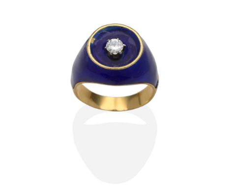 A Blue Enamel Diamond Solitaire Ring, a round brilliant cut diamond in a white claw setting within a 'bowl' top and to taping