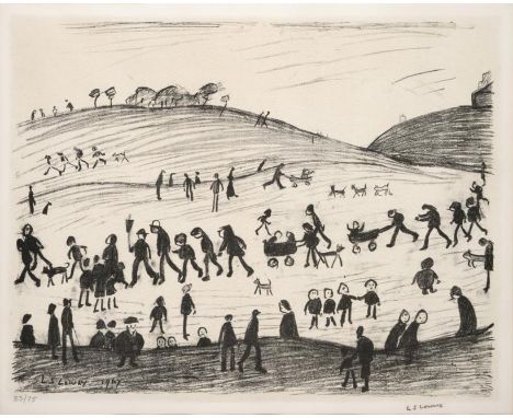 After Laurence Stephen Lowry RA (1887-1976)  ''A Hillside'' Signed in brown crayon, numbered 33/75, a black and white lithogr
