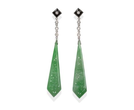 A Pair of Art Deco Jade, Diamond and Onyx Earrings, a kite shaped onyx inset with a round brilliant cut diamond suspends thre