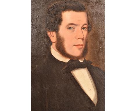 An oil on canvas portrait of a 19th Century gentleman, the bearded subject turned slightly sideways looking forward, dressed 