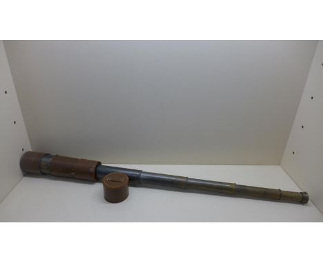 A five draw brass telescope by Broadhurst Clarkson and Co ltd. Generally good, leather worn and missing end cap. 