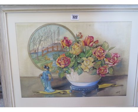 R.M. Mackay, watercolour, Roses in a vase with a Japanese plaque and figurine, 32cm x 46cm, signed and dated '47, in good con