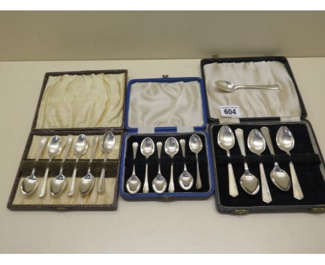 2 boxed sets of silver spoons and a set with five spoons and replacement plated spoon. Total silver weight approx 5.8 troy oz