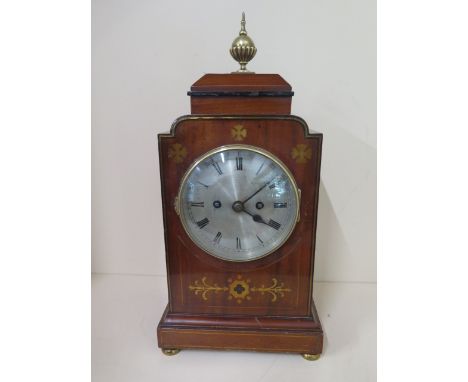 A 19th century bracket clock, mahogany case with brass inlay 8 day movement, twin fusee, strikes on gong, running in saleroom