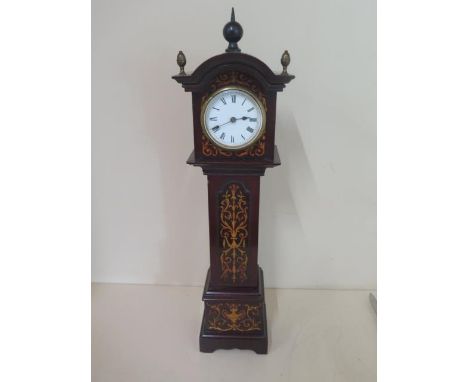 A good Edwardian inlaid mahogany miniature longcase clock with a french platform movement, 43cm tall, small crack to dial run