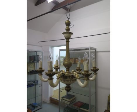 A painted carved wood 6 branch candelabra ceiling light fitting, 70cm tall x 60cm wide 