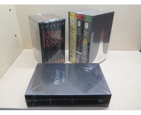 J.R.R Tolkien Lord of the Rings trilogy book set, The Hobbit and Lord of the Rings paperback set, all unused in cellophane wr