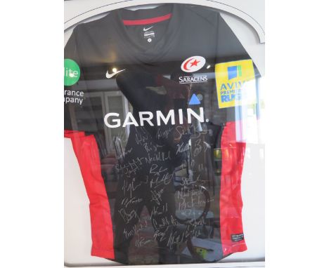 Sporting memorabilia: A Saracens rugby shirt, probably 2017 season, signed by the players, mounted in a glazed frame, 88cm x 