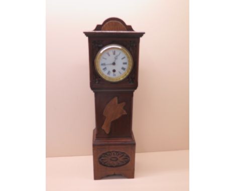 An oak case miniature longcase clock with French movement 8 day, 23cm high, running in saleroom 