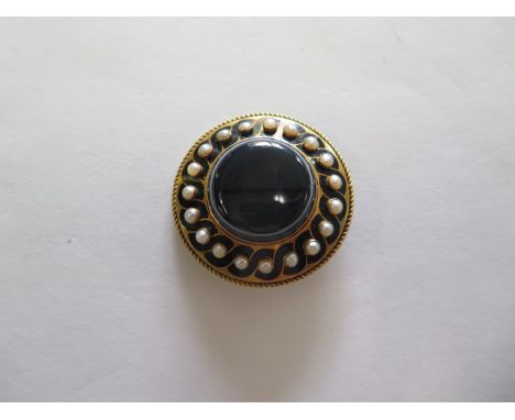 A banded agate pearl and enamel gold brooch pendant 4cm diameter in good condition apart from a touched in chip, total weight